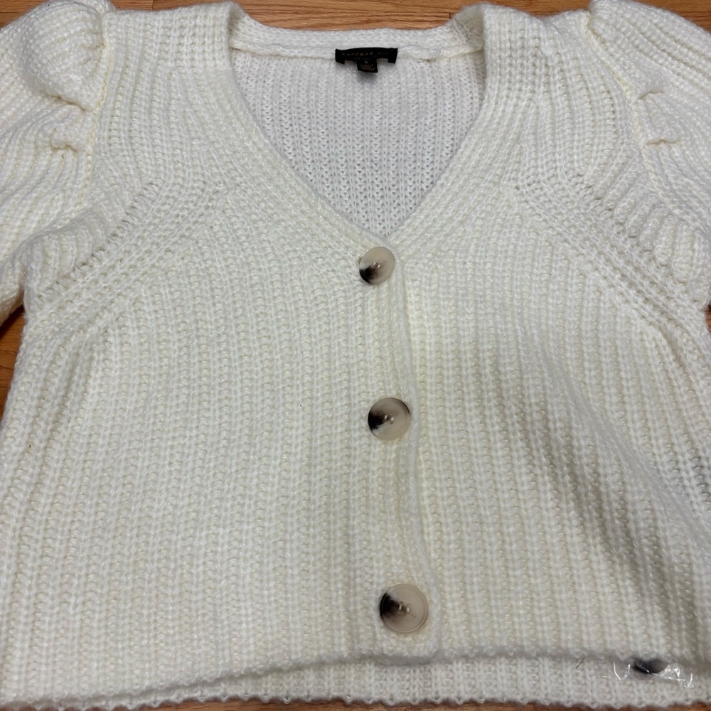 Preppy Coastal Anthropologie Current Air Puff Sleeve Cardigan - Picture 6 of 13